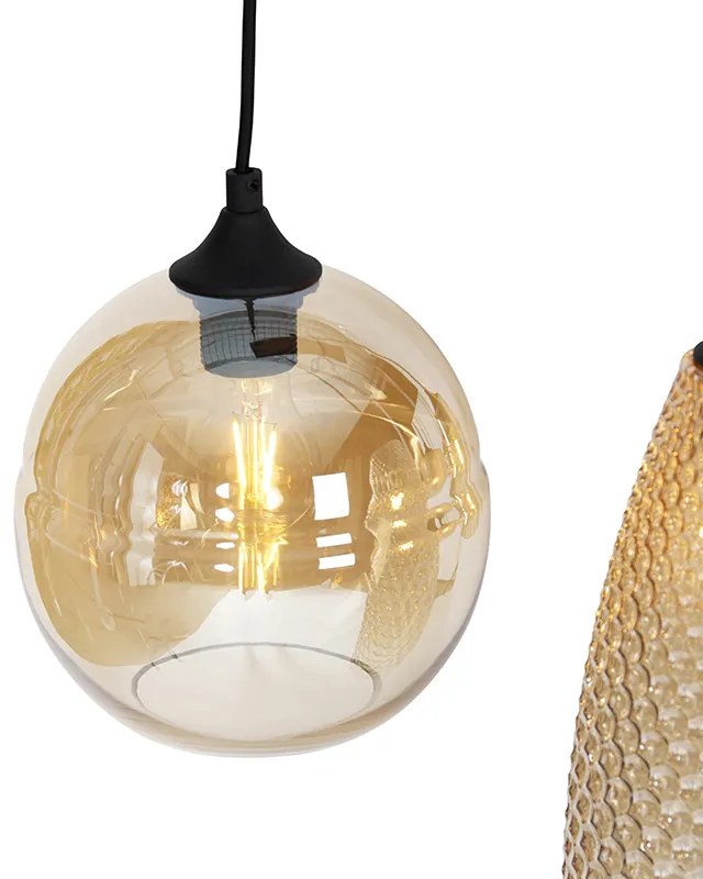 Lampa wisząca w stylu art deco czarna z bursztynowym szkłem 8 świateł - Hanne ArtDeco Oswietlenie wewnetrzne