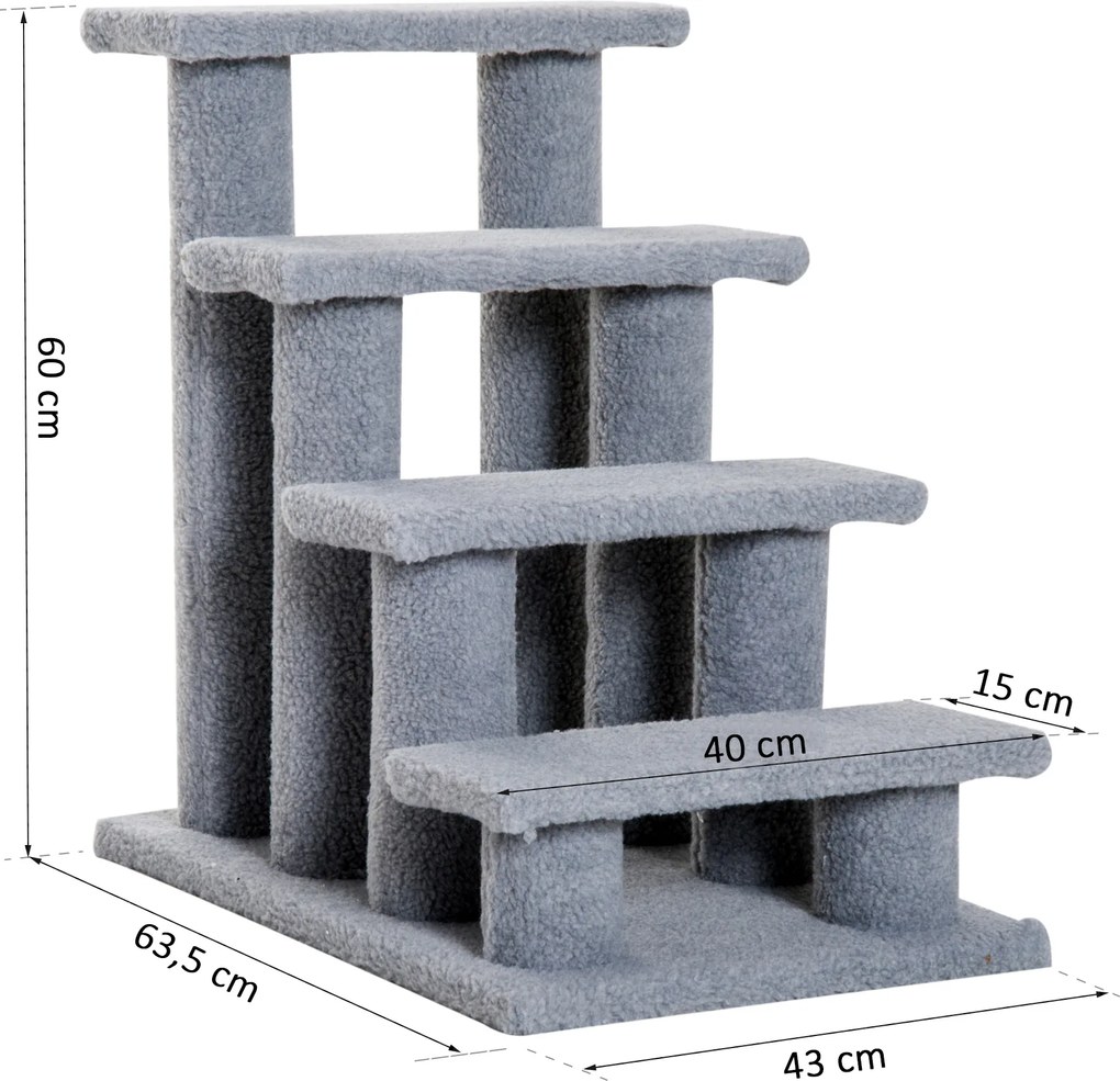 PawHut schody dla zwierząt kota i psa 4 stopnie wygodne wejście szare 635x43x60cm | Aosompl