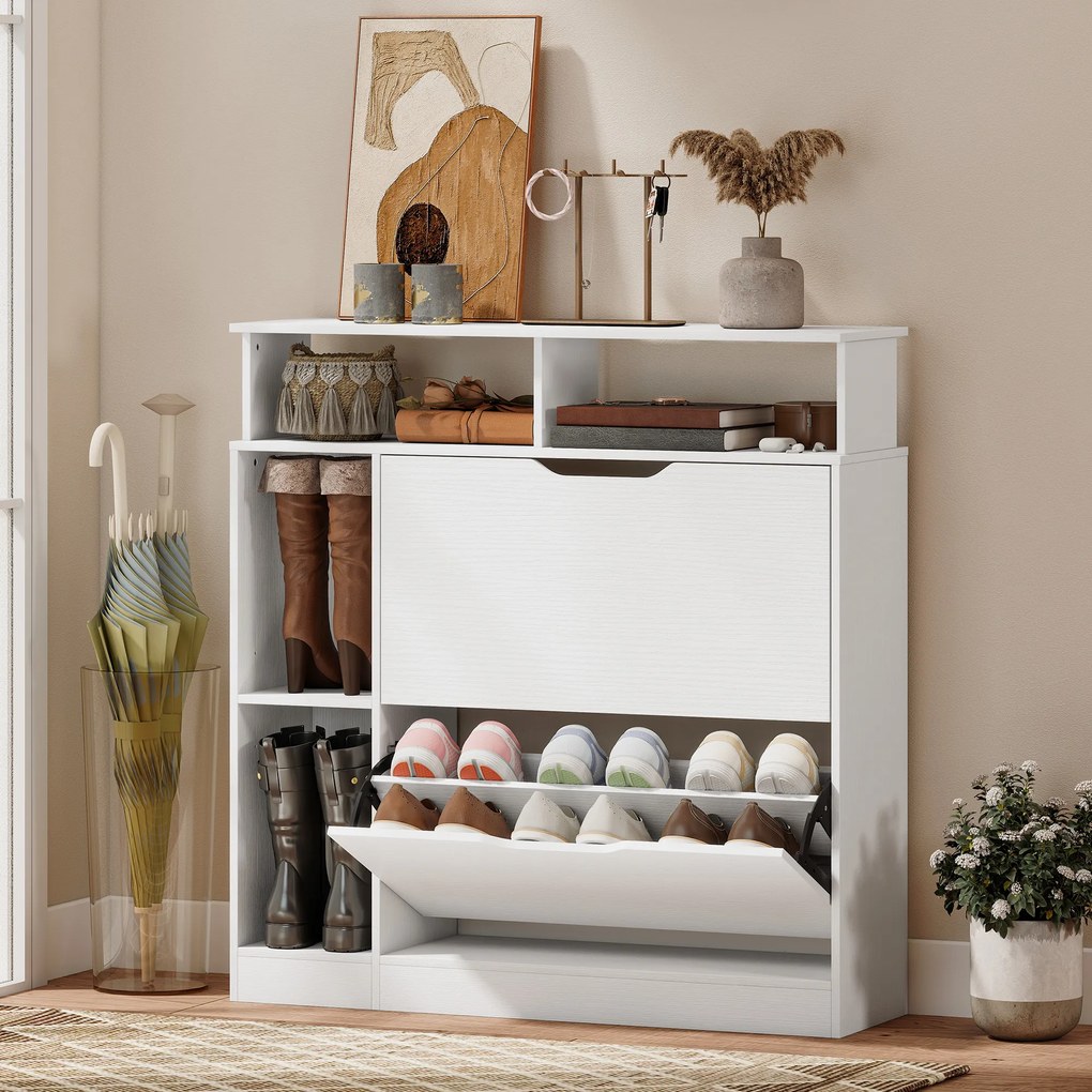HOMCOM Szafka na buty z 2 klapami, uchylna szafka z regulowanymi przegrodami, otwartą półką na 12 par butów 89 x 25 x 92 cm biała | Aosom PL
