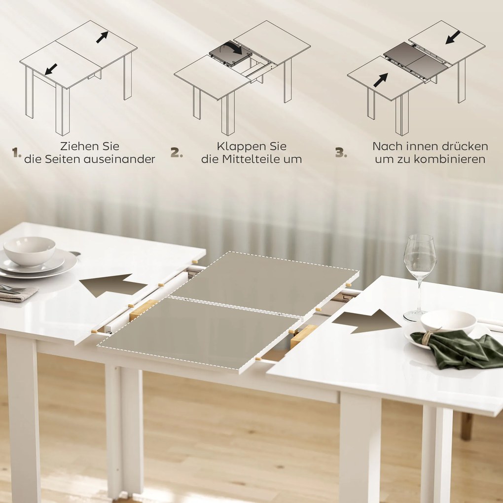 HOMCOM Rozkładany stół jadalniany 120-160 x 70 cm, regulowany stół kuchenny dla 4-6 osób, MDF, biały wysoki połysk