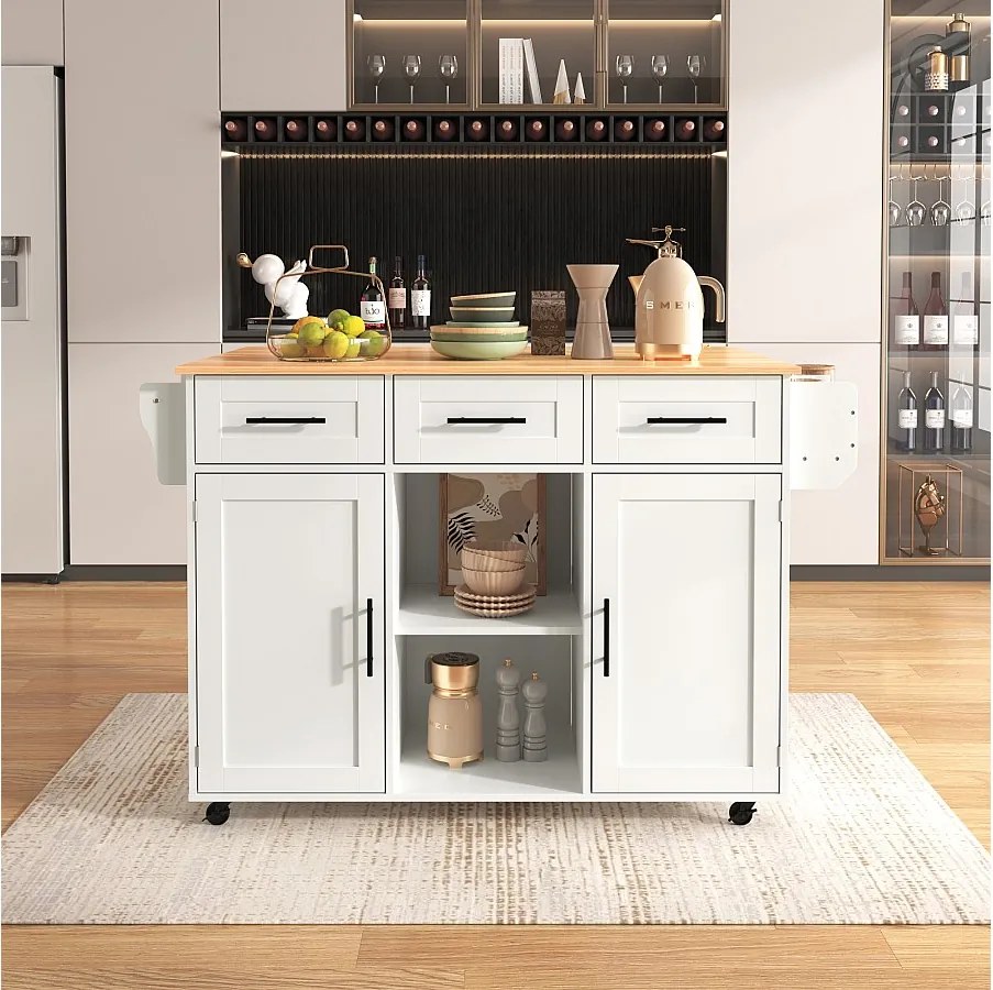 Biały wózek do serwowania z drewnianym blatem, 3 szufladami i 2 drzwiami – do jadalni i kuchni