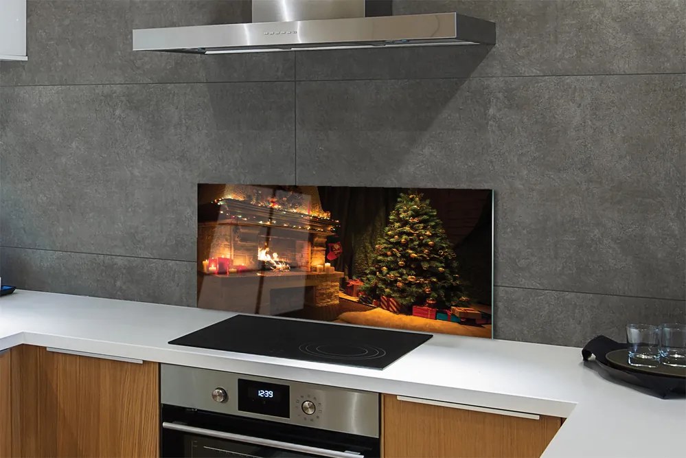 Szklany Panel Świąteczny Salon z Kominkiem