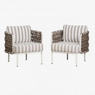 Zestaw 2 Foteli Ogrodowych Z Aluminium I Plecionej Liny Tevary Gardenia Biel & Tkanina Brązowy Moka - Biały Gardenia - Sklum