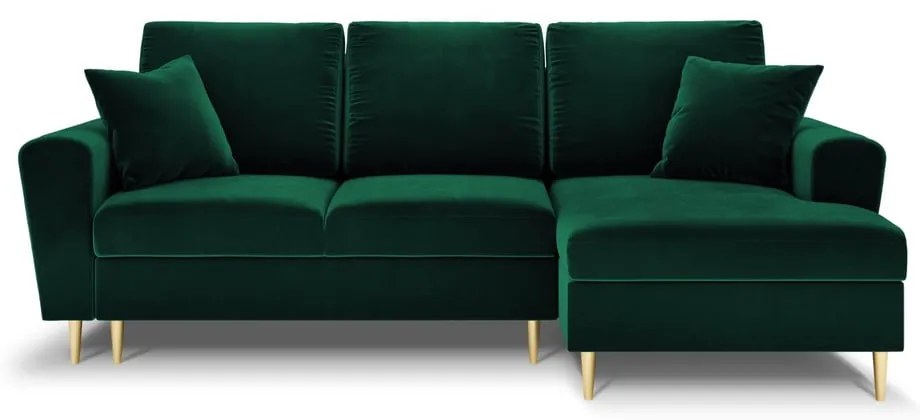 Zielony aksamitny rozkładany/ze schowkiem narożnik (prawostronny/z szezlongiem) Kyoto – Cosmopolitan Design