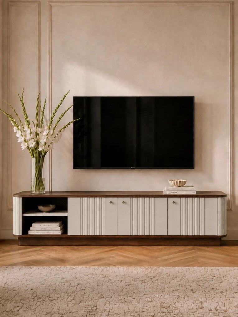 Szafka RTV Vesper 3D 187 cm na cokole - kaszmir / orzech / czarne uchwyty