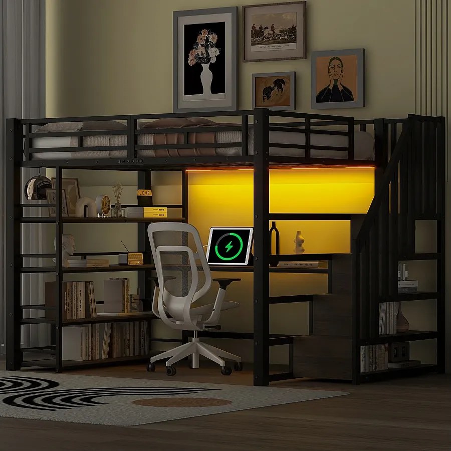 Łóżko piętrowe metalowe - 140 x 200 cm - z drabinką + biurko + półka + USB + diody LED - MDF + metal - czarne
