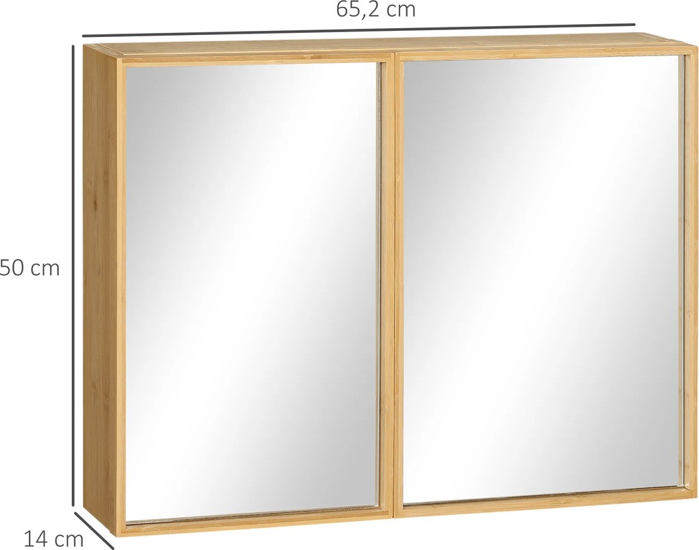kleankin Szafka Łazienkowa z Drzwiami Lustrzanymi, Wiele Przegródek, Solidna Obudowa z Bambusa, 65,2 x 14 x 50 cm