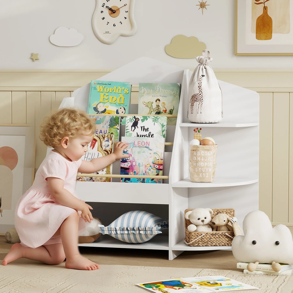 AIYAPLAY Regał dziecięcy z 7 półkami na książki i zabawki, zaokrąglone krawędzie, udźwig 40 kg, Biały