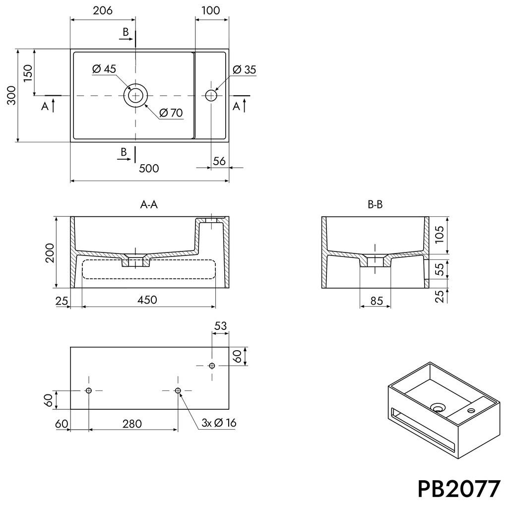 Umywalka ścienna z odlewu mineralnego PB2077Biały matowy - ze zintegrowanym wieszakiem na ręczniki - 50 x 30 x 20 cm