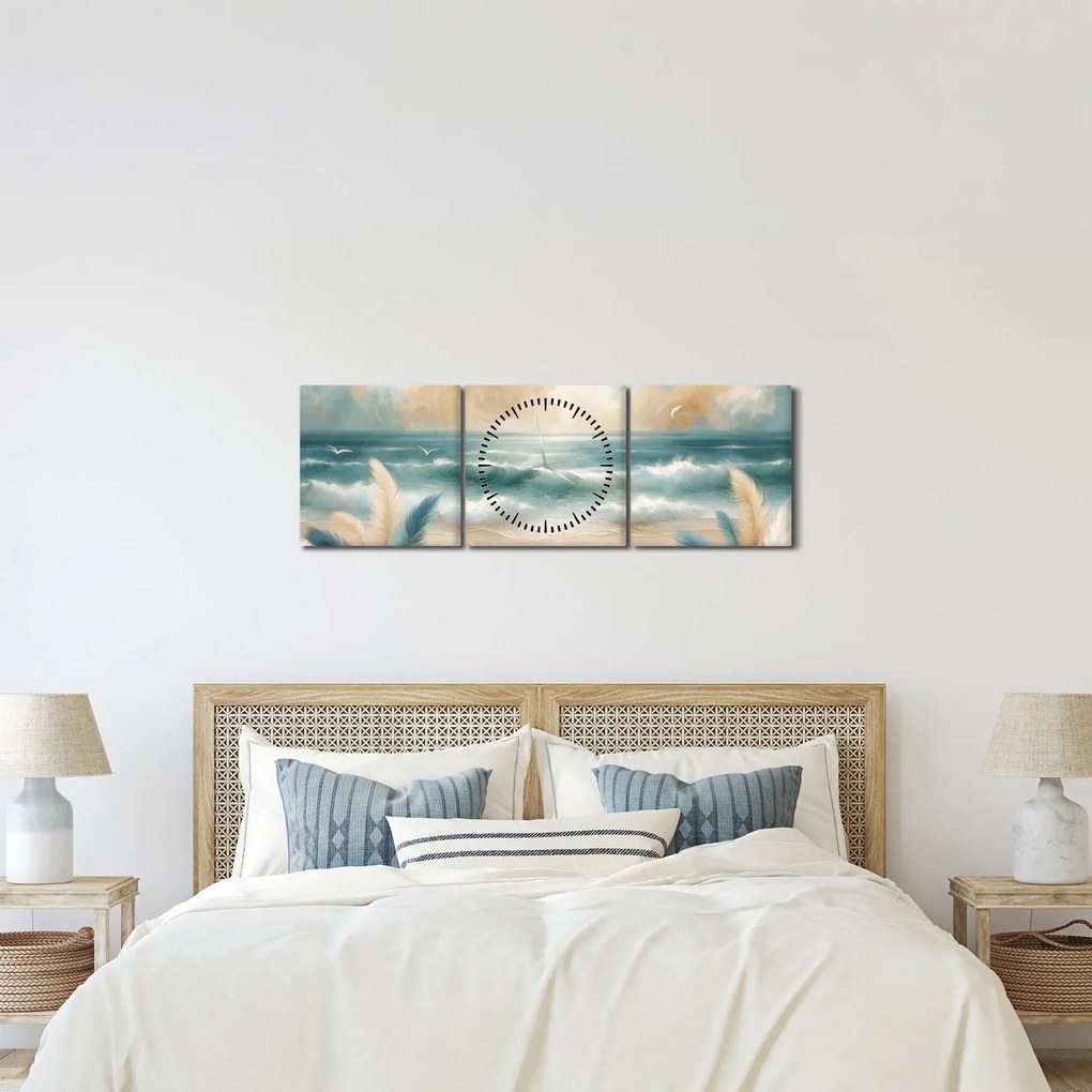 Obraz – Malowana plaża w delikatnych kolorach (z zegarem) (90x30 cm)
