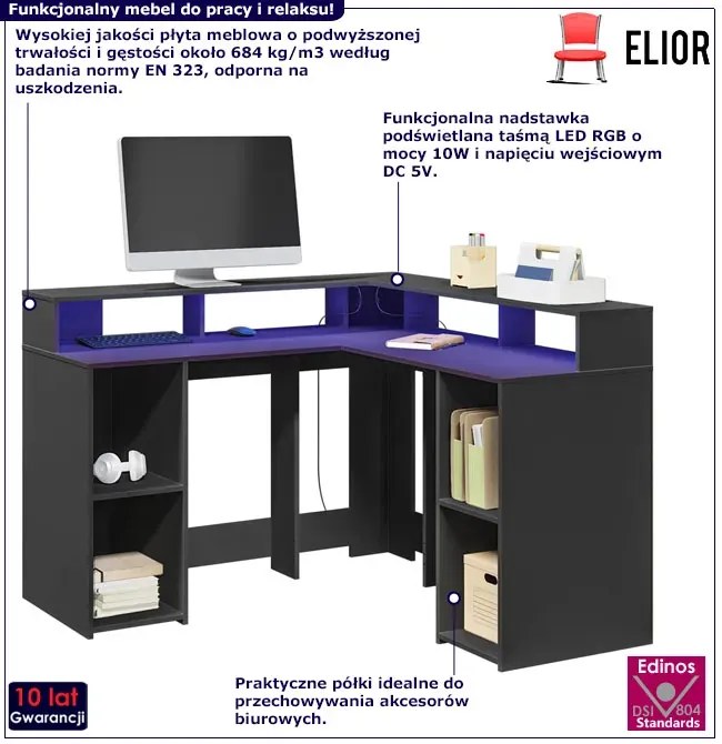 Czarne biurko narożne z nadstawką LED T2-R49