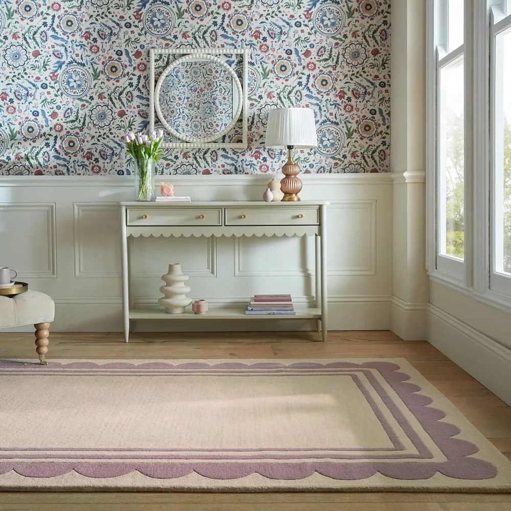 Fioletowo-naturalny wełniany dywan tkany ręcznie 160x230 cm Lois Scallop – Flair Rugs