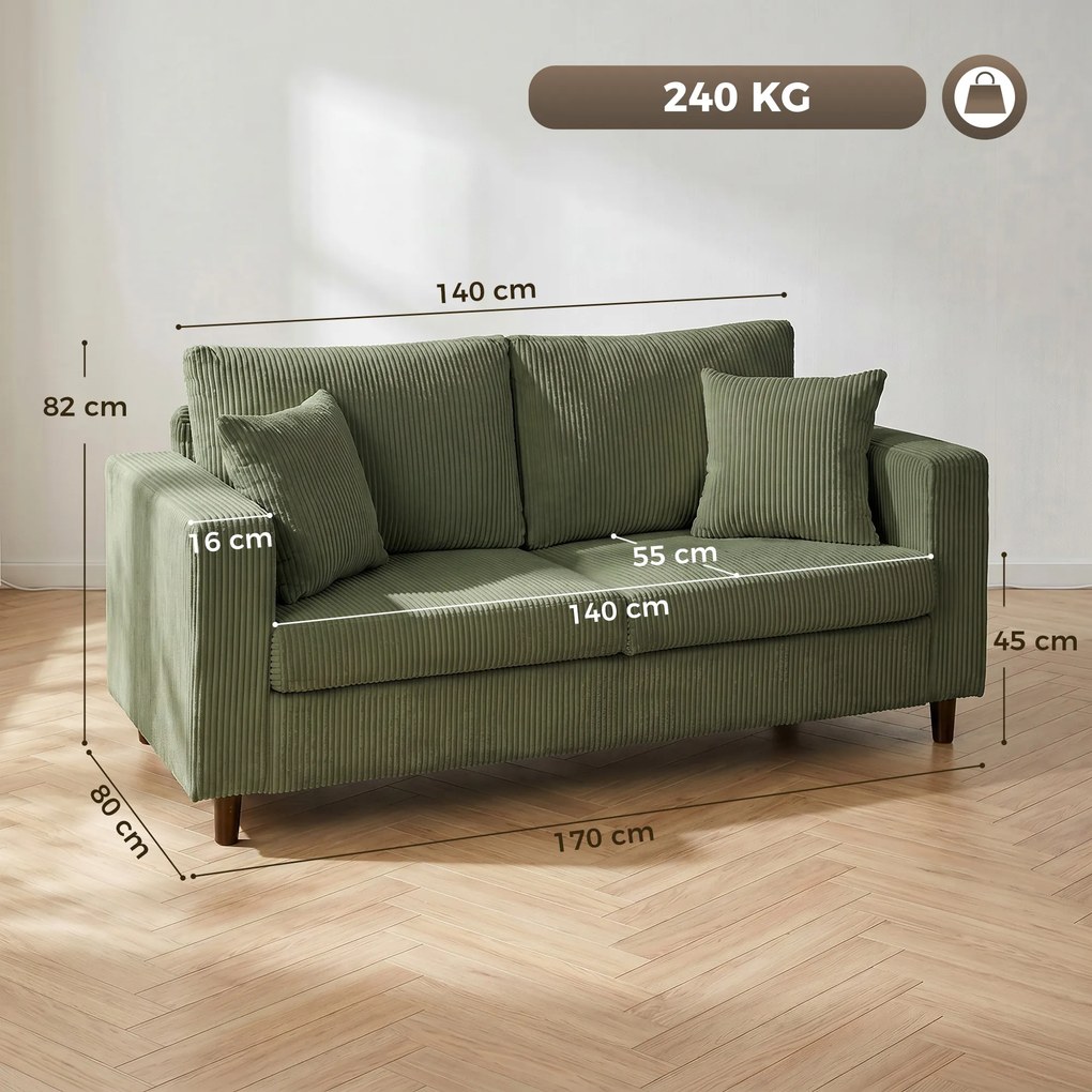 HOMCOM Sofa dwuosobowa ze sztruksu z szerokim głębokim siedziskiem i wkładem sprężynowym, zielona | Aosom PL