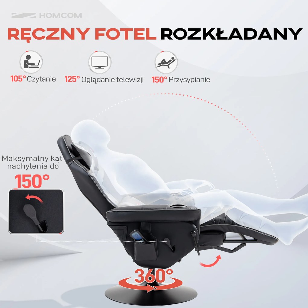 HOMCOM Fotel do gier z funkcją masażu, regulowane oparcie, podnóżek, do 120 kg, konstrukcja stalowa, Skóra Ekologiczna, Szary