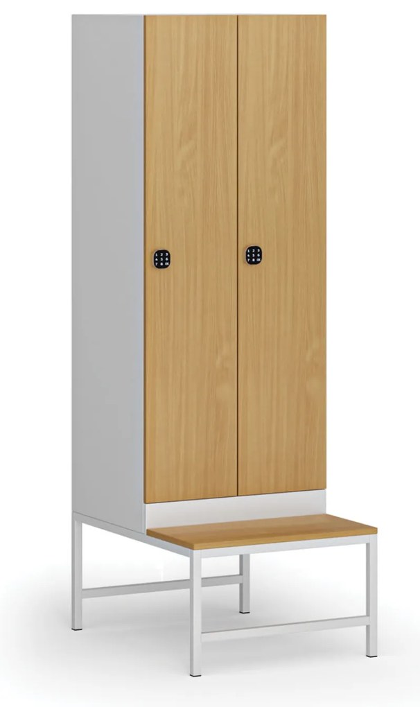 Szafka ubraniowa S1 z ławką, 2-drzwiowa, 1875 x 600 x 500/800 mm, demontaż, zamek kodowy, drzwi laminowane, buk