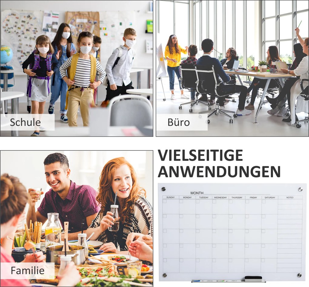 Vinsetto Tablica kalendarzowa ze szklanym klipsem i uchwytem na marker z gumką Biała 90x60 cm | Aosom PL