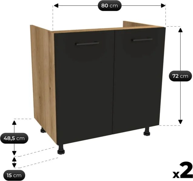 Zestaw Mebli Kuchennych MODERN 260 cm Czarny/Dąb Evoke Loftowy