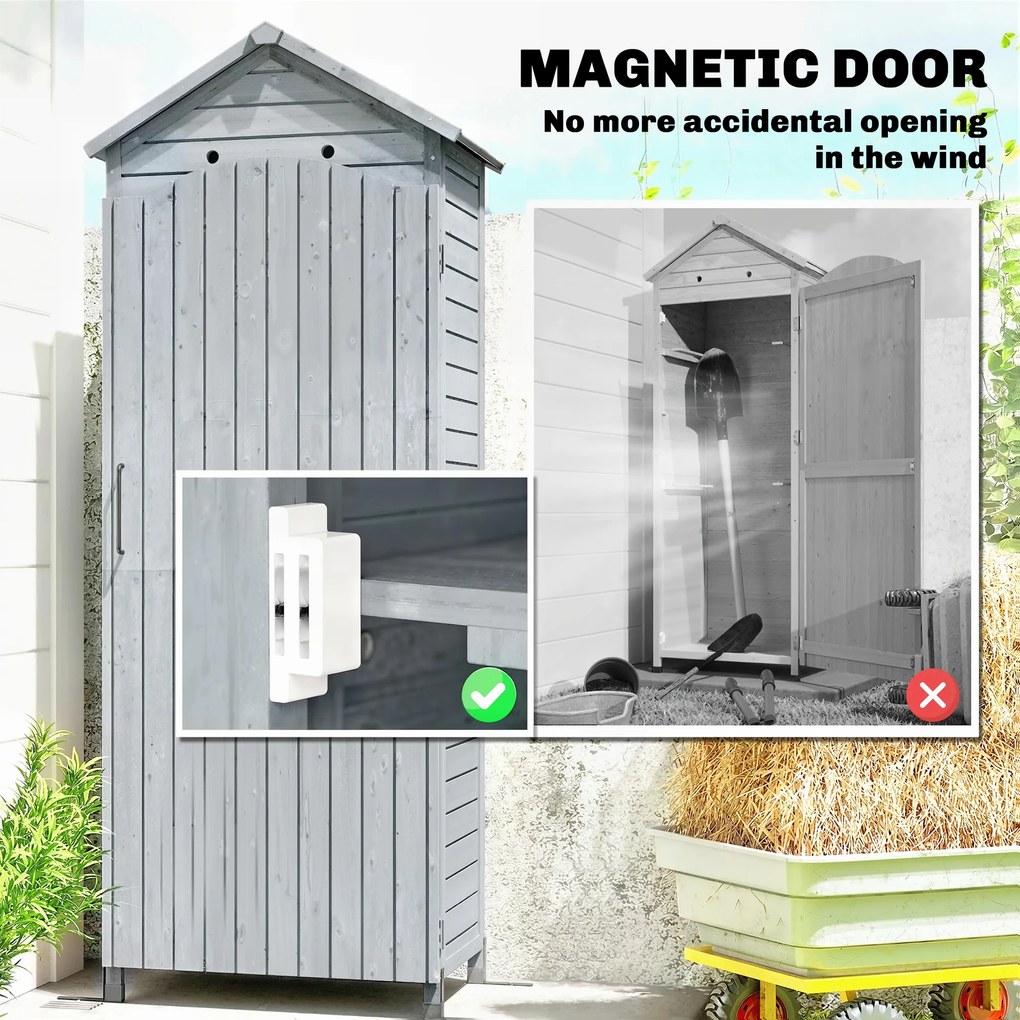 Outsunny Drewniany schowek ogrodowy, wysoki schowek na narzędzia z regulowanymi półkami, magnetyczne drzwi, galwanizowany dach, wentylacja | Aosom PL
