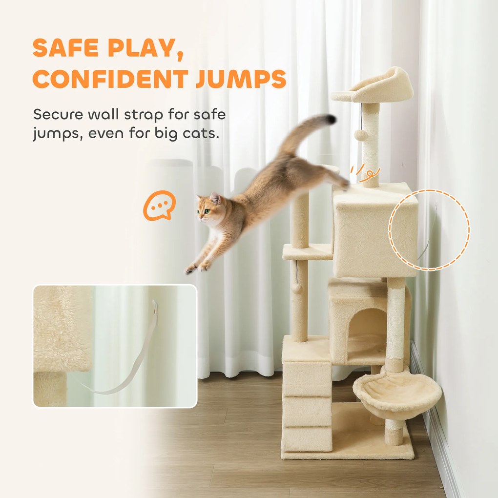 PawHut Drapak 140 cm wieża dla kota z hamakiem, drabinką, budką, 2 pluszowymi piłeczkami, słupkami sisalowymi, 48 x 48 x 140 cm, Beżowy