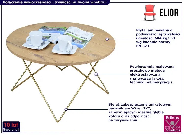 Nowoczesny stolik kawowy ze złotym stelażem dąb lancelot  - Noemi 3X