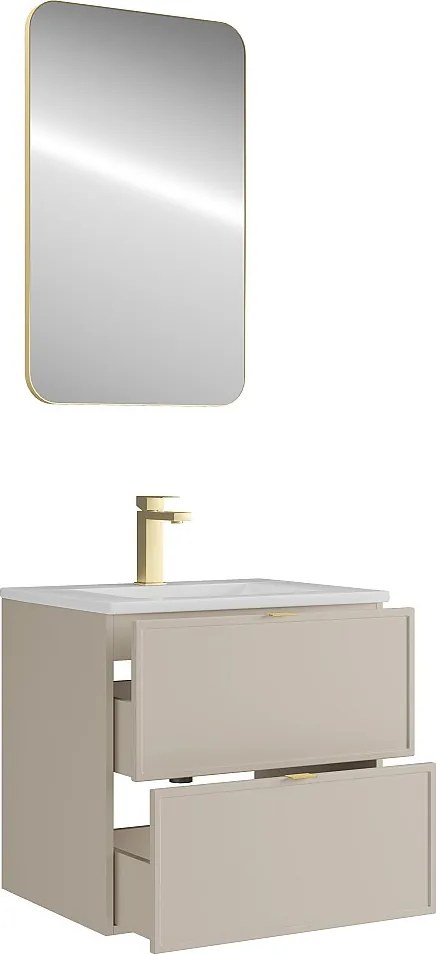 Wisząca szafka łazienkowa z wpuszczaną umywalką, baterią i lustrem – Beżowa – 60 cm – ONDIL