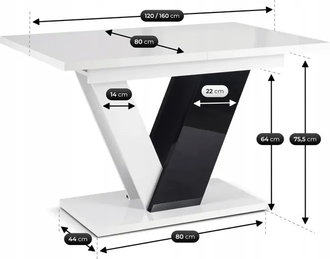 Zestaw Stół Prostokątny Rozkładany CLARK 120-160 cm Czarny/Biały Połysk i 4 Krzesła Tapicerowane do Salonu RICK Szare