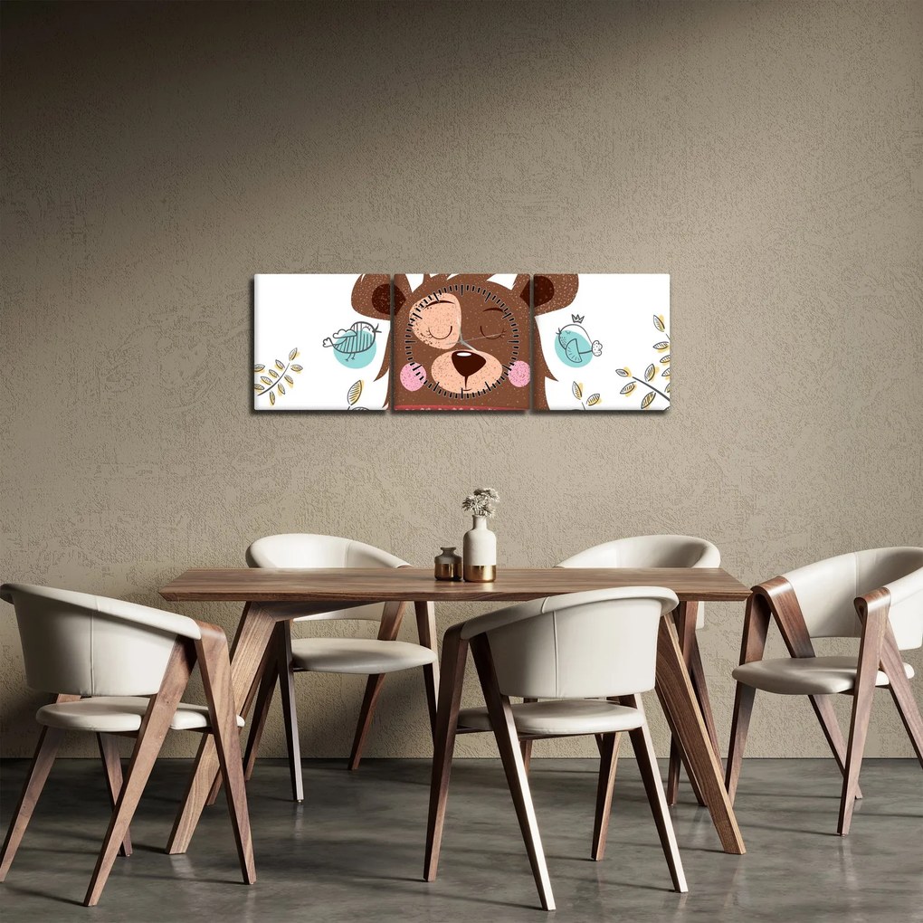 Obraz - Niedźwiadek z ptakami (z zegarem) (90x30 cm)