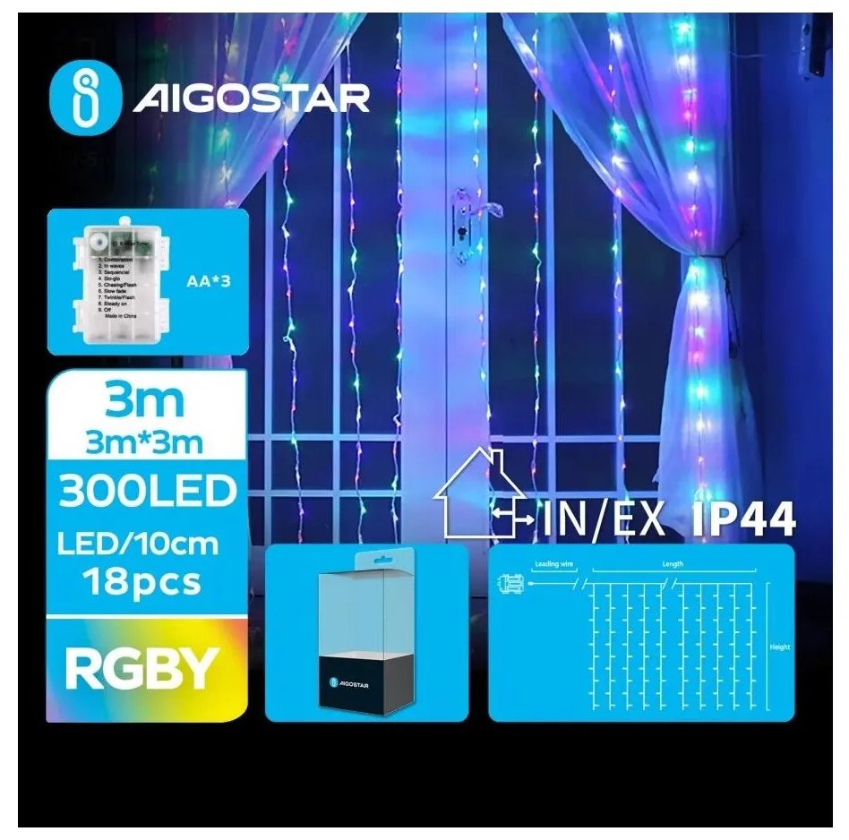 Aigostar - LED Zewnętrzny łańcuch bożonarodzeniowy 300xLED/8 funkcji 3xAA 6x3m IP44 wielobarwny