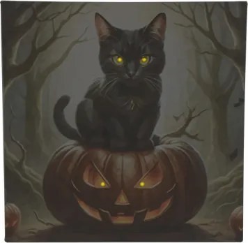 Obraz LED z kotem na dyni 40x40 cm dekoracja Halloween