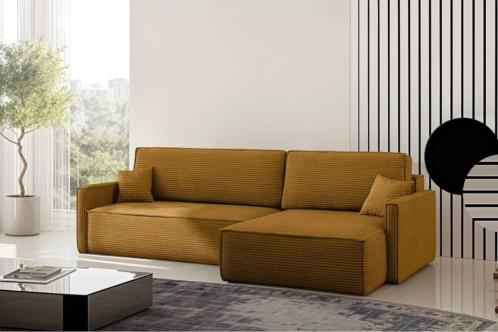 Narożnik z funkcją spania i pojemnikiem w kształcie L Carlos, tkanina Poso, Musztardowy, Prawy