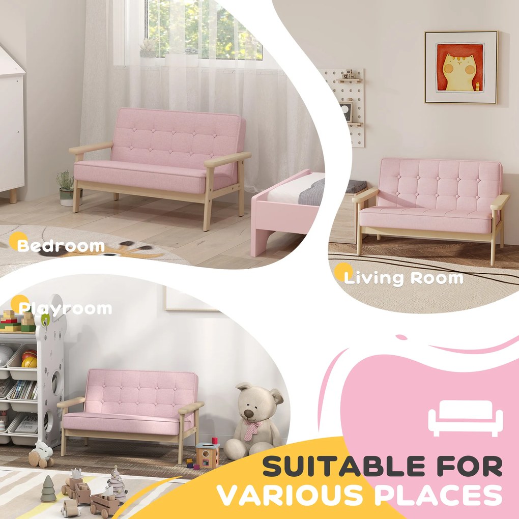 AIYAPLAY Fotel dziecięcy, kanapa dziecięca z drewnianą ramą, welurowe wykończenie, tapicerowana, dla dzieci 3–15 lat Różowy