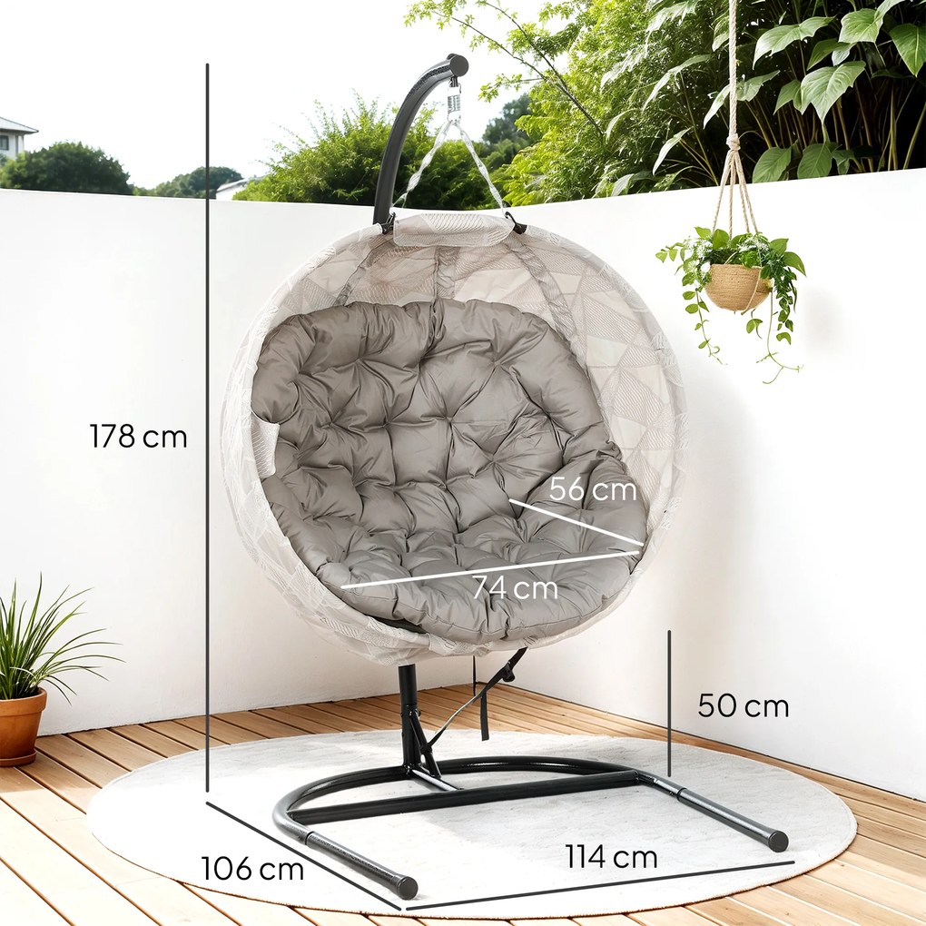 Outsunny Wiszący kosz w kształcie jajka, fotel z funkcją huśtania i składanym koszem, krzesło ogrodowe z uchwytem na kubek, kolor sandbraun