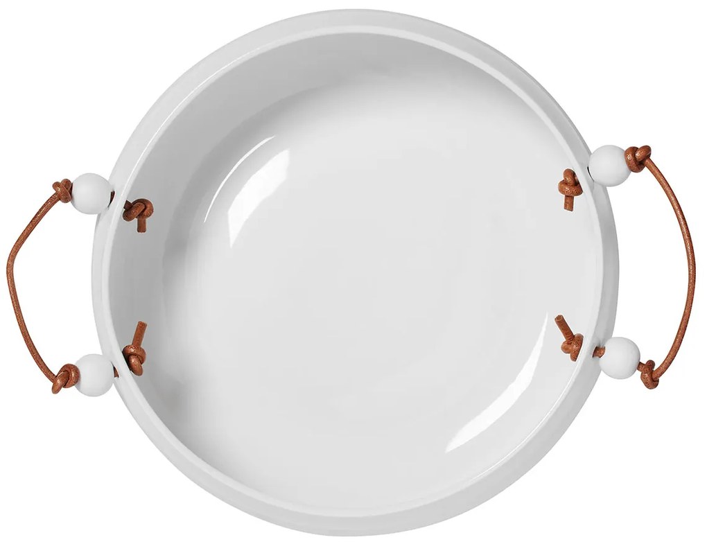 Biała porcelanowa miska ze skórzaną rączką