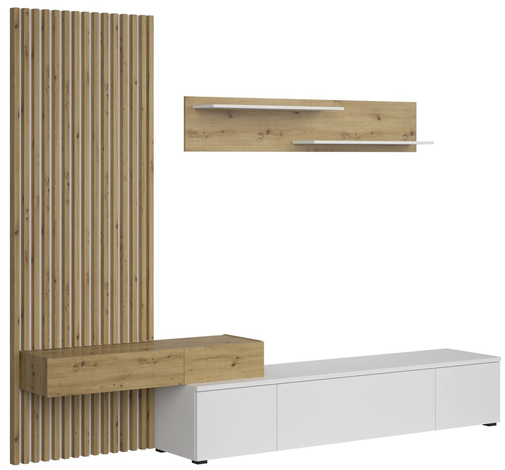 Meblościanka Lucimo 250 cm z lamelami - biały / dąb artisan