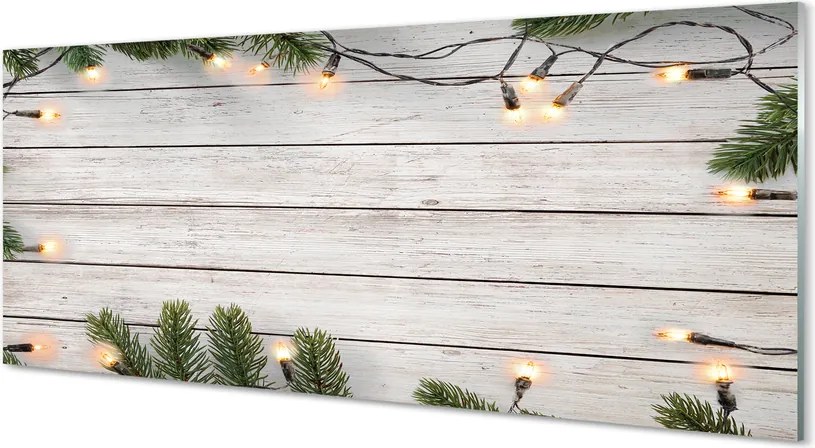 Panel szklany do Kuchni Świąteczne Lampki na Drewnie