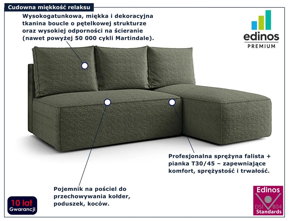 Zielona sofa narożna z funkcją spania i pojemnikiem E1-T47