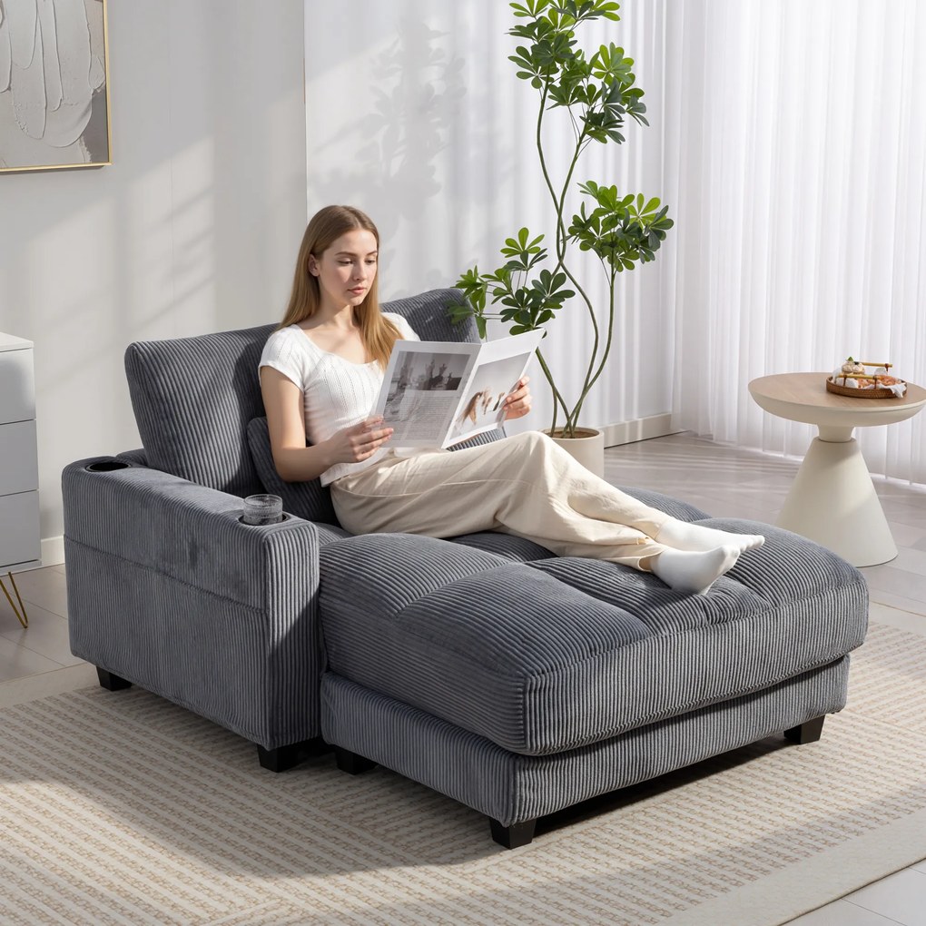 HOMCOM Sofa-łóżko z poduszką, piankowe, rozkładane, uchwyt na kubek, szary