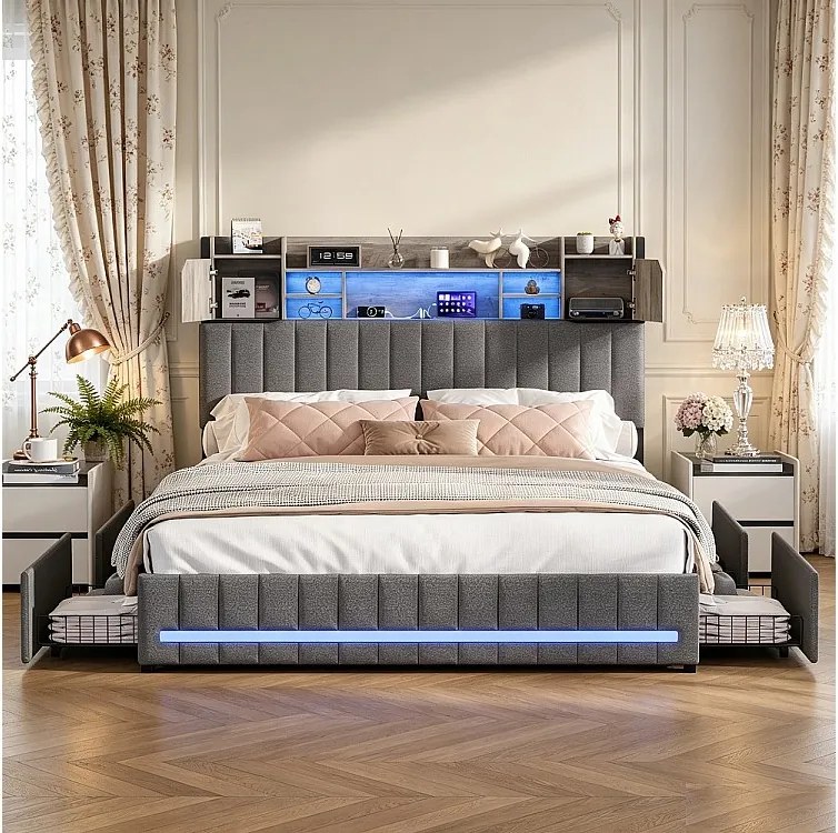 Rama łóżka 160x200 cm szara z 4 szufladami, oświetleniem LED, portami USB, oddychającą tkaniną lnianą i wbudowanym schowkiem