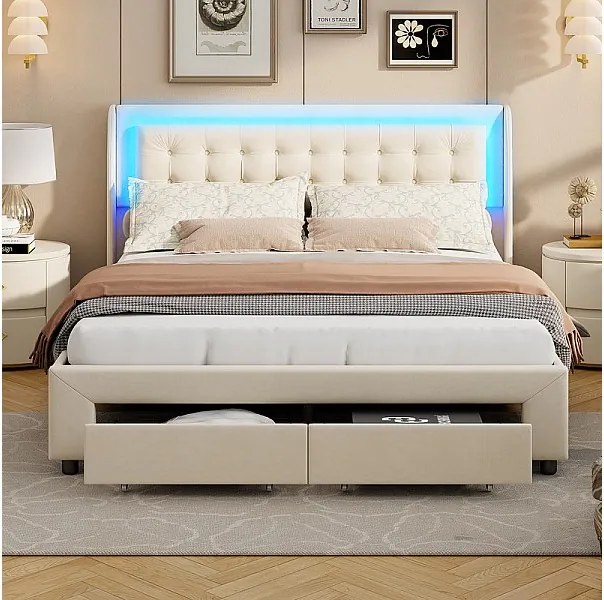 Nowoczesne podwójne łóżko z beżowego aksamitu 140x190cm z hydraulicznym schowkiem, podświetleniem LED RGB, nośnością 350kg