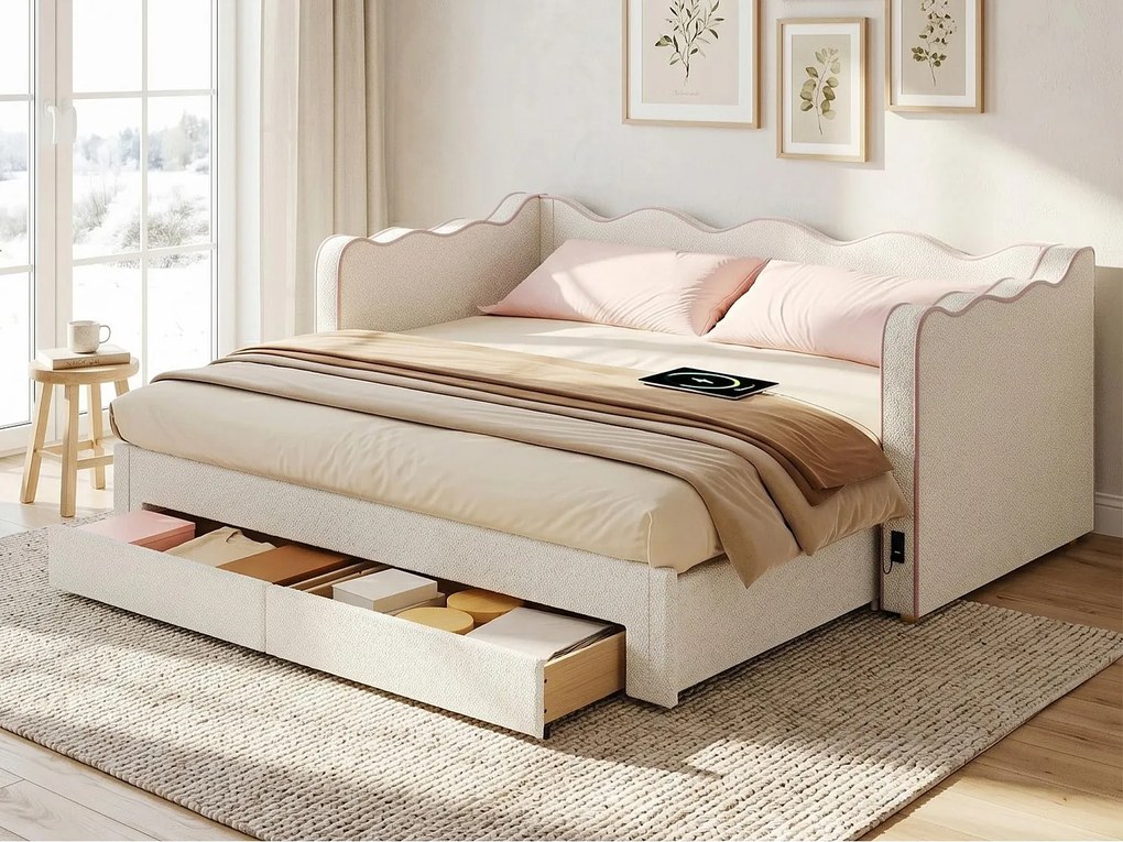 Sofa tapicerowana 90x200 cm - z wysuwanym łóżkiem i 2 szufladami - rozsuwana do 180 cm - port USB - tkanina bouclé - beżowy (bez materaca)