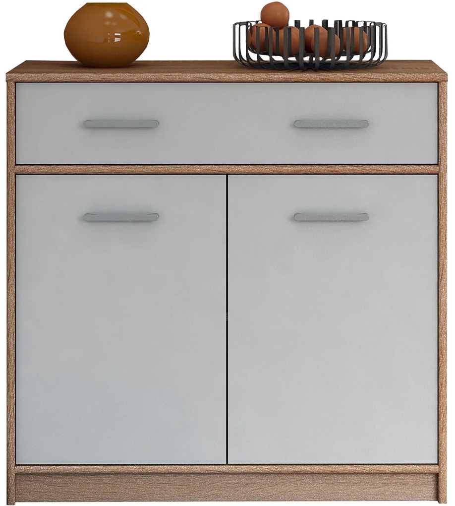 Komoda Dwudrzwiowa z Szufladą Wąska do Salonu DEW 83 cm Dąb sonoma/biała Nowoczesna