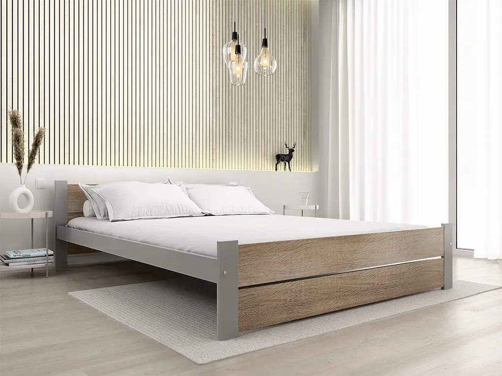 Łóżko IKAROS DOUBLE 160 x 200 cm, dąb sonoma/szary Stelaż: Ze stelażem listwowym rolowanym, Materac: Materac Deluxe 10 cm