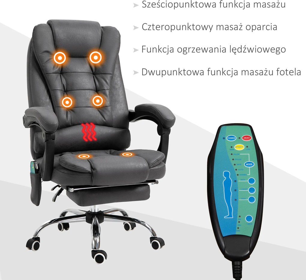 Vinsetto Fotel biurowy ergonomiczny z funkcją masażu masażer szary 65x160x104 cm | Aosom PL