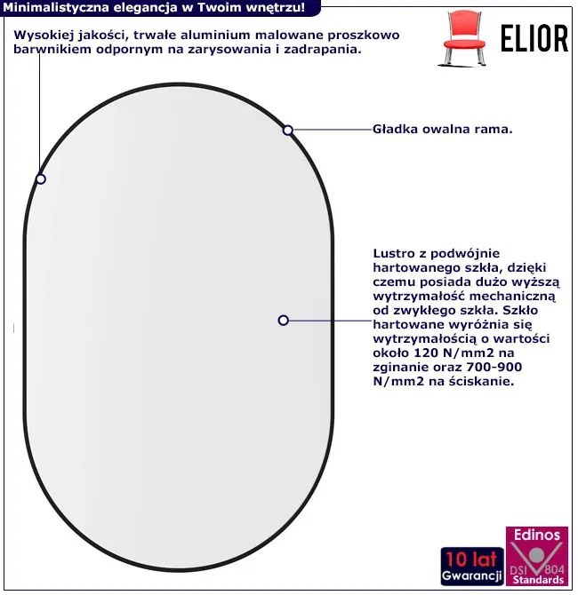 Czarne owalne lustro ścienne w stylu nowoczesnym 100x50 cm - Teroso 3X