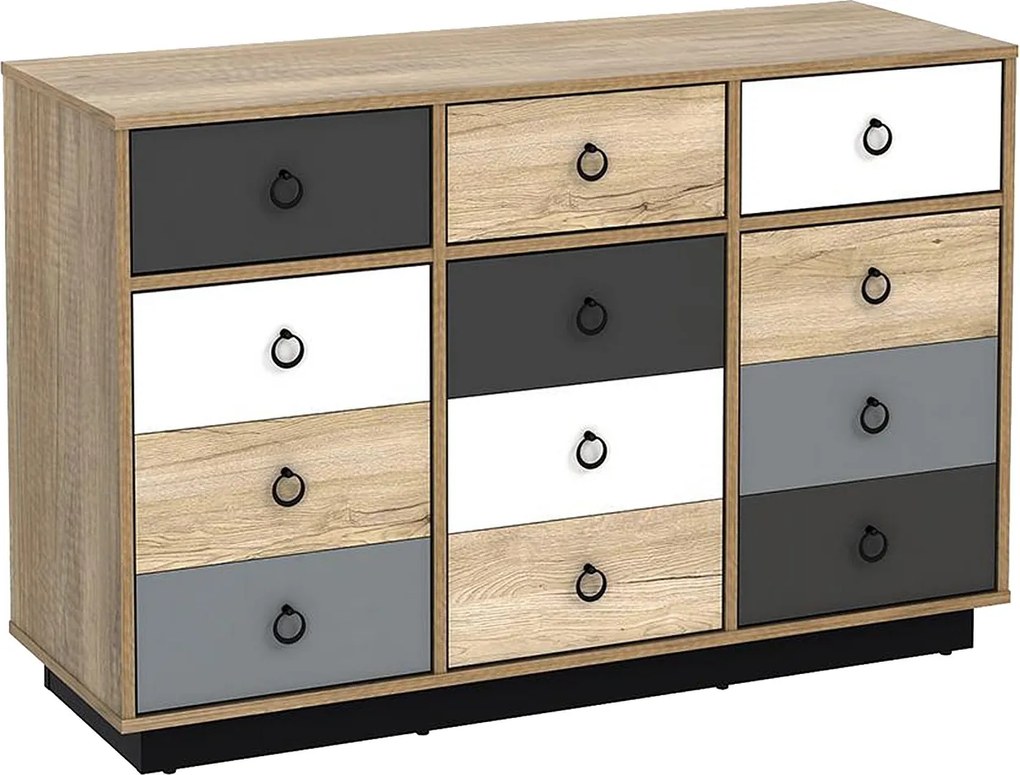 Komoda KRYPTON – 3 szuflad  i 3 szafki - Kolor: dąb, biały i szary