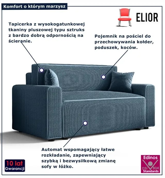 Niebieska sofa rozkładana z pojemnikiem na pościel D6-Z73
