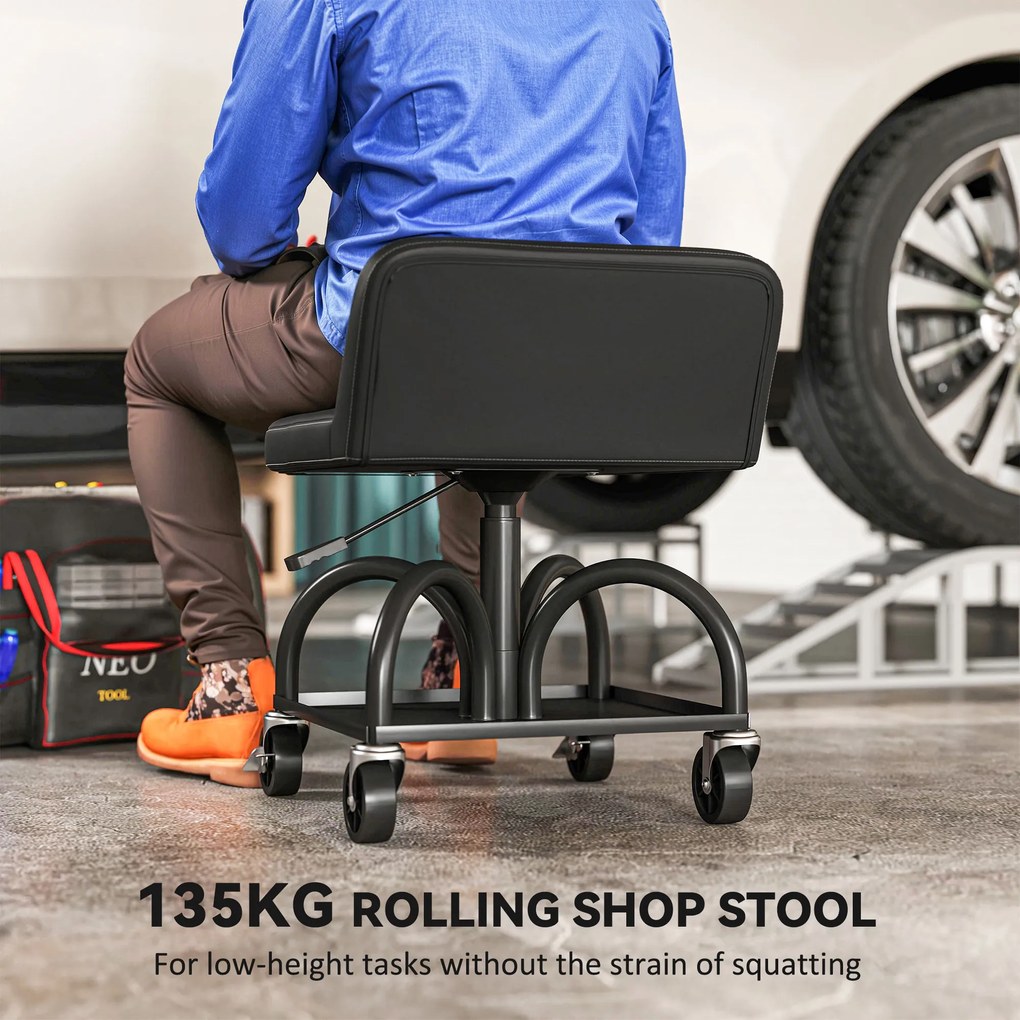 HOMCOM Obrotowy Taboret Warsztatowy z Miejscem na Narzędzia, Wysokość 58,5 cm, Udźwignie do 135 kg - Czarny