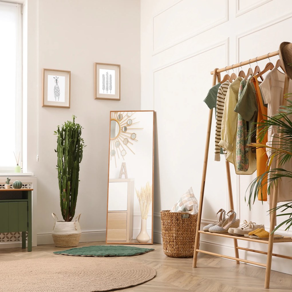 HOMCOM Lustrzany Wieszak na Ścianę 125x45cm z Drewnianą Ramą Naturalny Wystrój Korytarza | Aosom PL