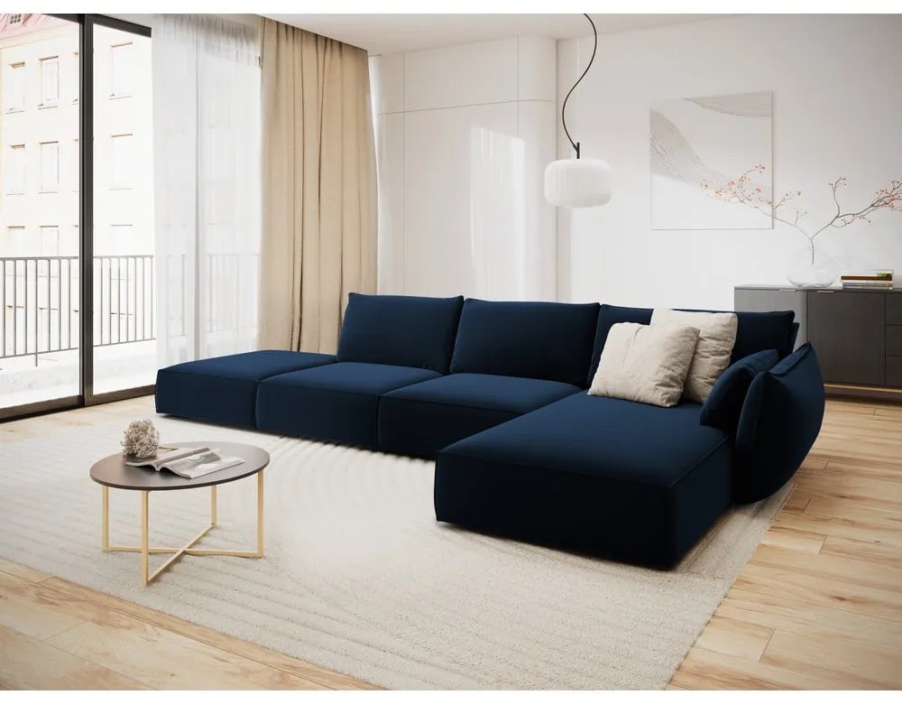 Ciemnoniebieski aksamitny narożnik (prawostronny/z szezlongiem) Vanda – Mazzini Sofas