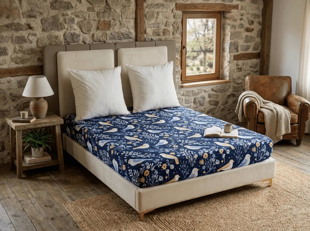 PrzytulneMieszkanie.pl Prześcieradło z mikrofibry DENIM BIRDS niebieskie 180x200 cm